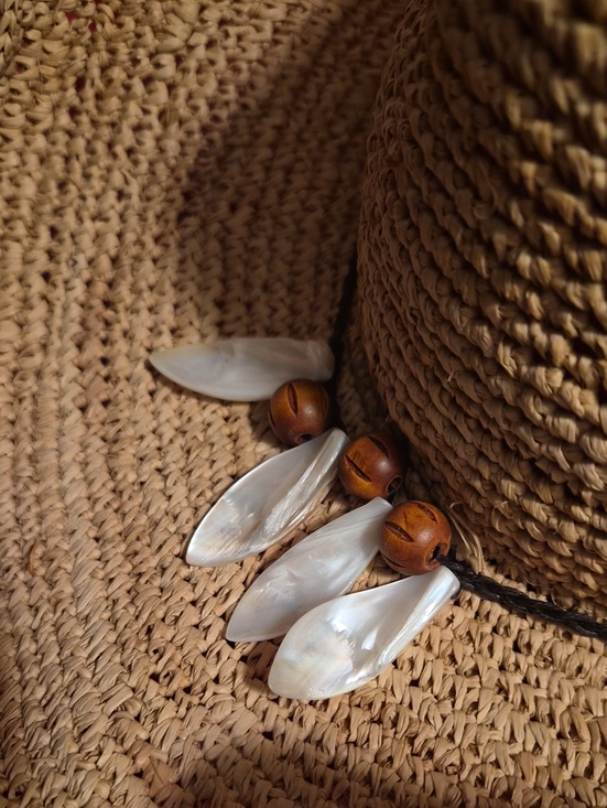 Flora Bella Woven Straw Sun Hat with shell and bead leather strapTie